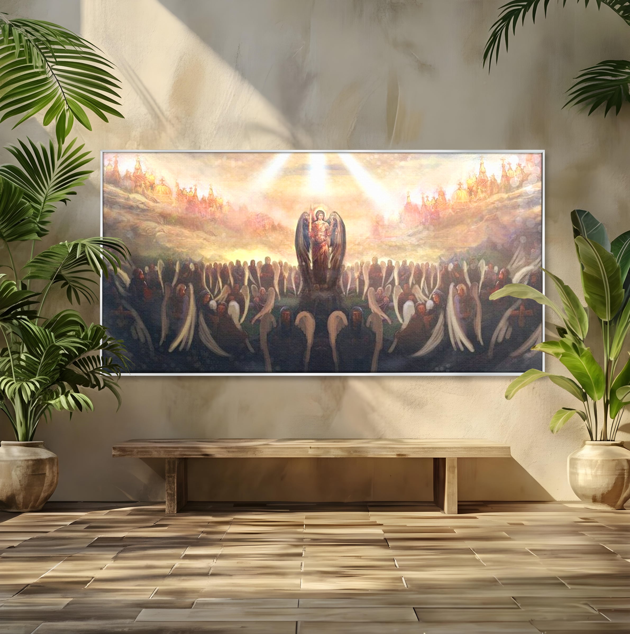 Tablou canvas cu pictura religioasa cu oastea cereasca si ingeri, in rama de aluminiu argintiu